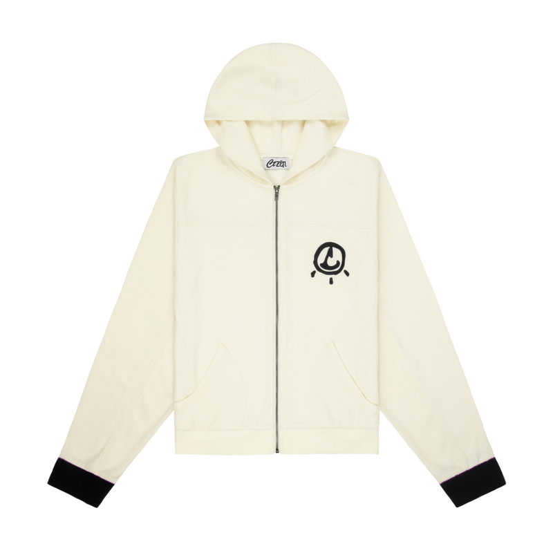 White hoodie with black accents on a white background